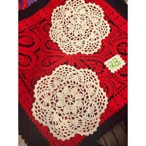 pair lace doilies round hand crocheted vintage white